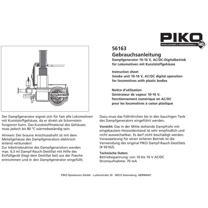 PIKO 56163 SMOKE GENERATOR 10 - 16 V / AC/DC BR 78 / BR 83.10