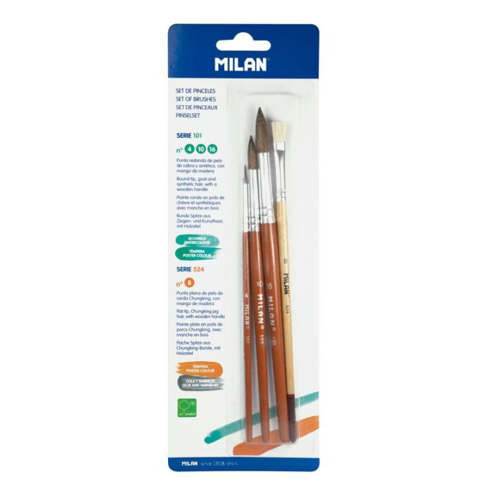 MILAN Zestaw pędzli BLISTER PACK 101     SERIES NO. 4 / 10 + 16 + 1 flat brush 524 SERIES No.8 (10462)