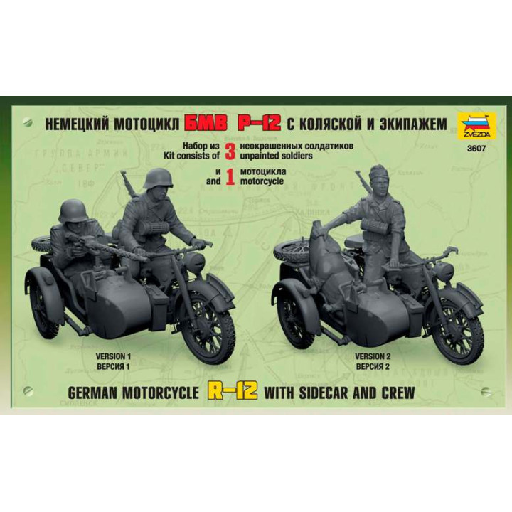 ZVEZDA 1/35 GERMAN MOTORCICLE R-12 WITH  SIDECAR AND CREW (3607)